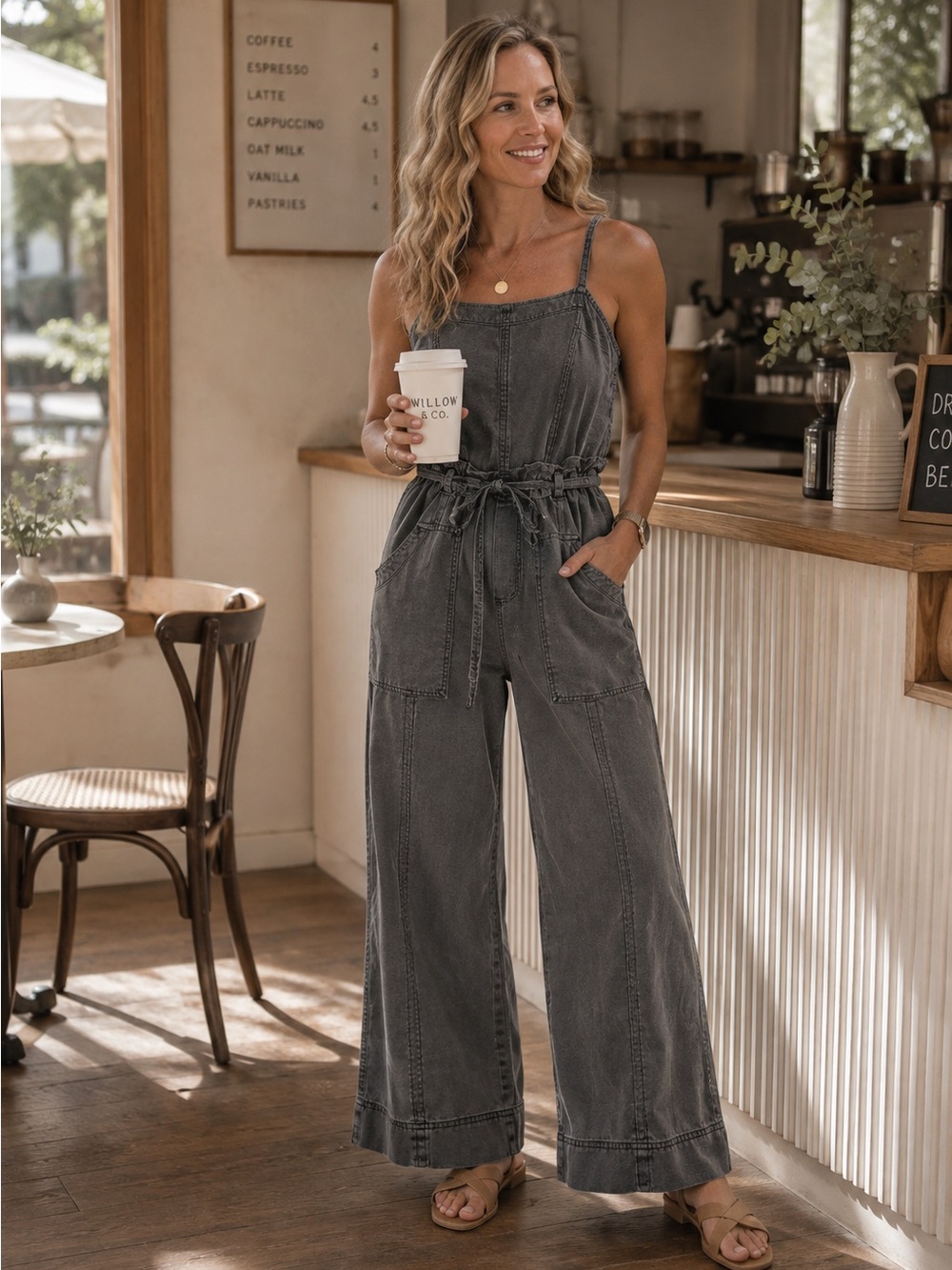Free People Gray Wide Leg Utility Jumpsuit Size Small